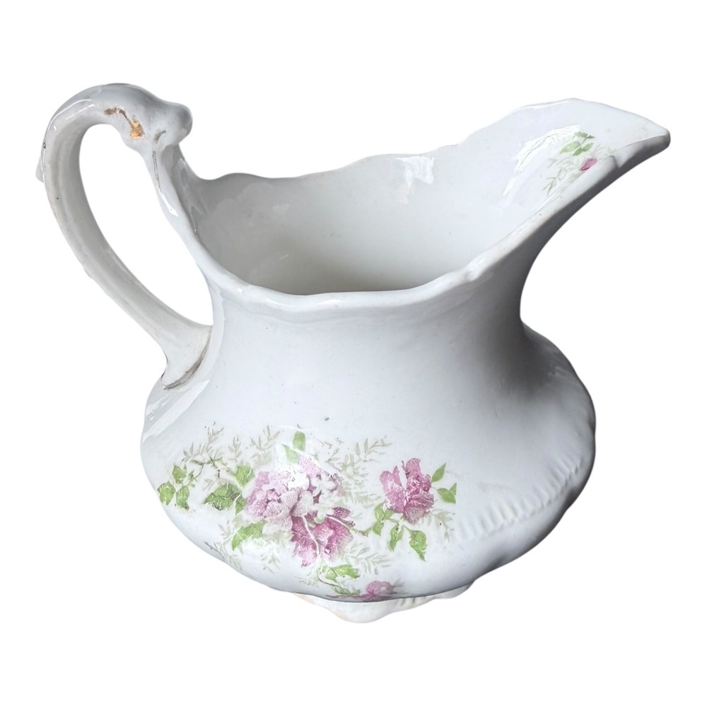 Antique Ironstone Floral Pitcher Pink Rose Gold Gilt Victorian Creamer 4.5in